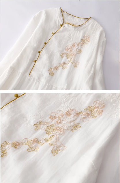 Vintage lange Damen kleider neue chinesische Stickerei koreanische Kleidung Sommer Kurzarm lose Freizeit kleid.