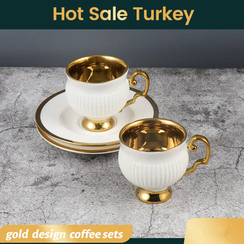 2pcs/set Turkish Coffee Cups Set Of 2 Ceramics Cup Of Coffee Creative Gifts Relief Teacup And Saucer Set Retro 90ml Gobelet.