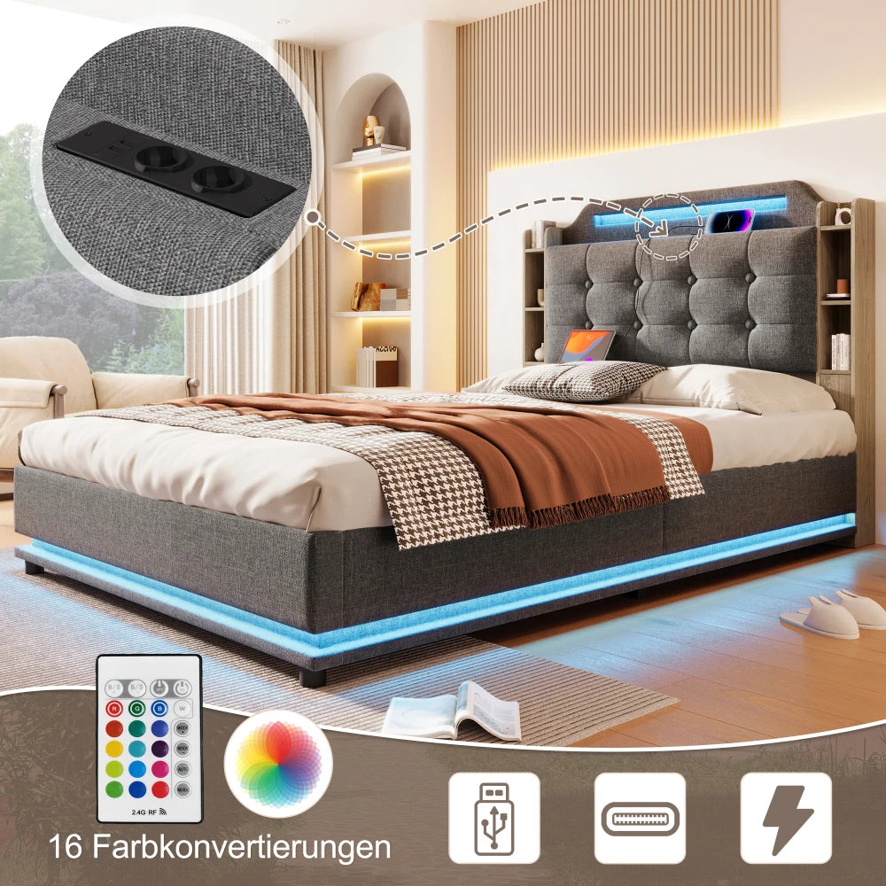 140*200cm Polsterbett mit LED-Lichtleiste und mehreren Ablagefächern, für Schlafzimmerwäsche, Beige (ohne Matratze)