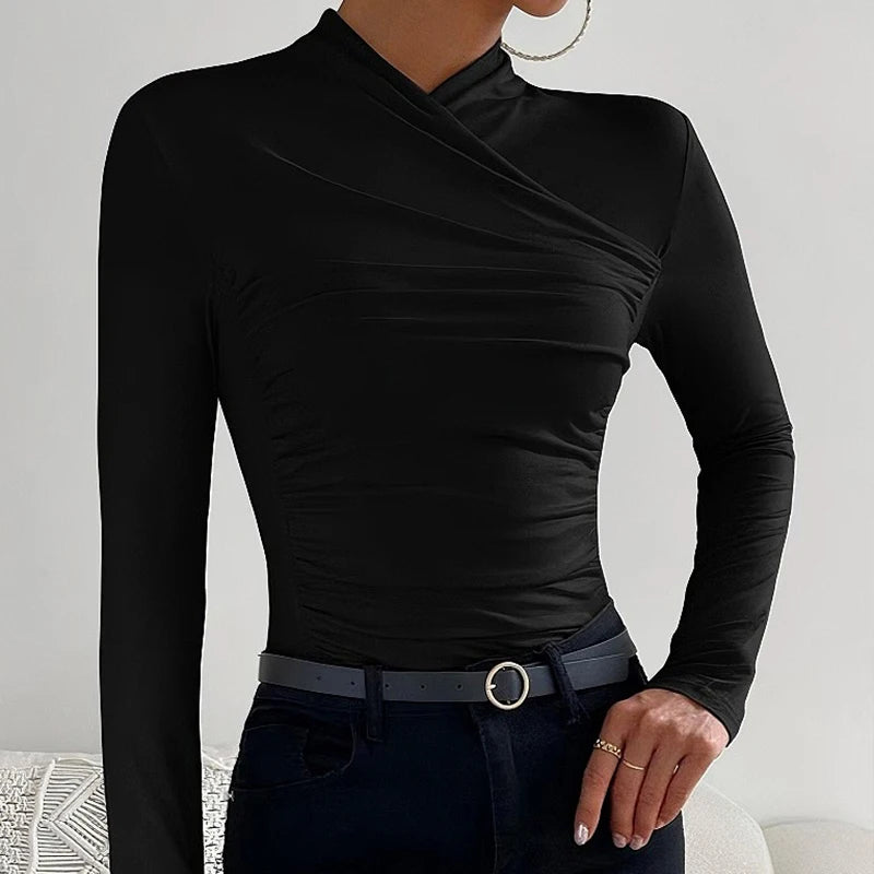 Sexy Elegant Fall Winter Long Sleeve Cross Pleated Pullover Women's Modal Solid Color Irregular Tops Street Daily Versatile Tees.