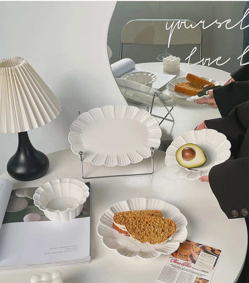 Ahunderjiaz-French Beige Ceramic Tableware Set, Underglaze Dessert Tray, Rice Bowl, Fish Plate, Kitchen Tableware Set, Cream Sty.