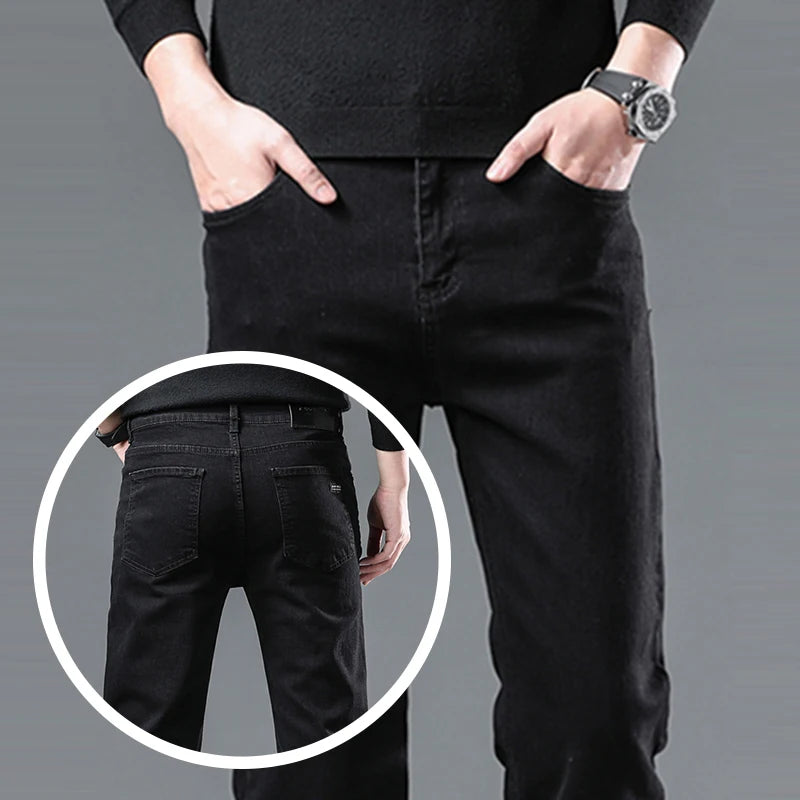 Men Business Denim Pants Male Classic Casual Straight Leg Slim Fit Trousers Elastic Solid Smoke Gray Pants.
