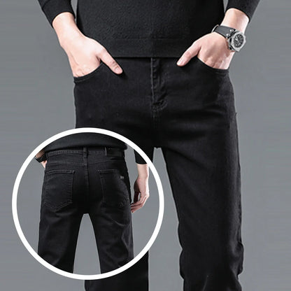 Men Business Denim Pants Male Classic Casual Straight Leg Slim Fit Trousers Elastic Solid Smoke Gray Pants.