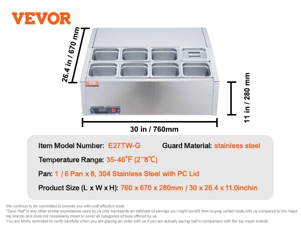 SucceBuy Refrigerated Condiment Prep Station 304 Stainless Body and PC Lid, Sandwich Prep Table with Stainless Guard.