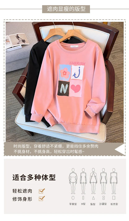 175kg plus size Damen büste Frühling Herbst lose Langarm bedrucktes Sweatshirt Top schwarz rosa 6xl 7xl 8xl 9xl 10xl 11xl.
