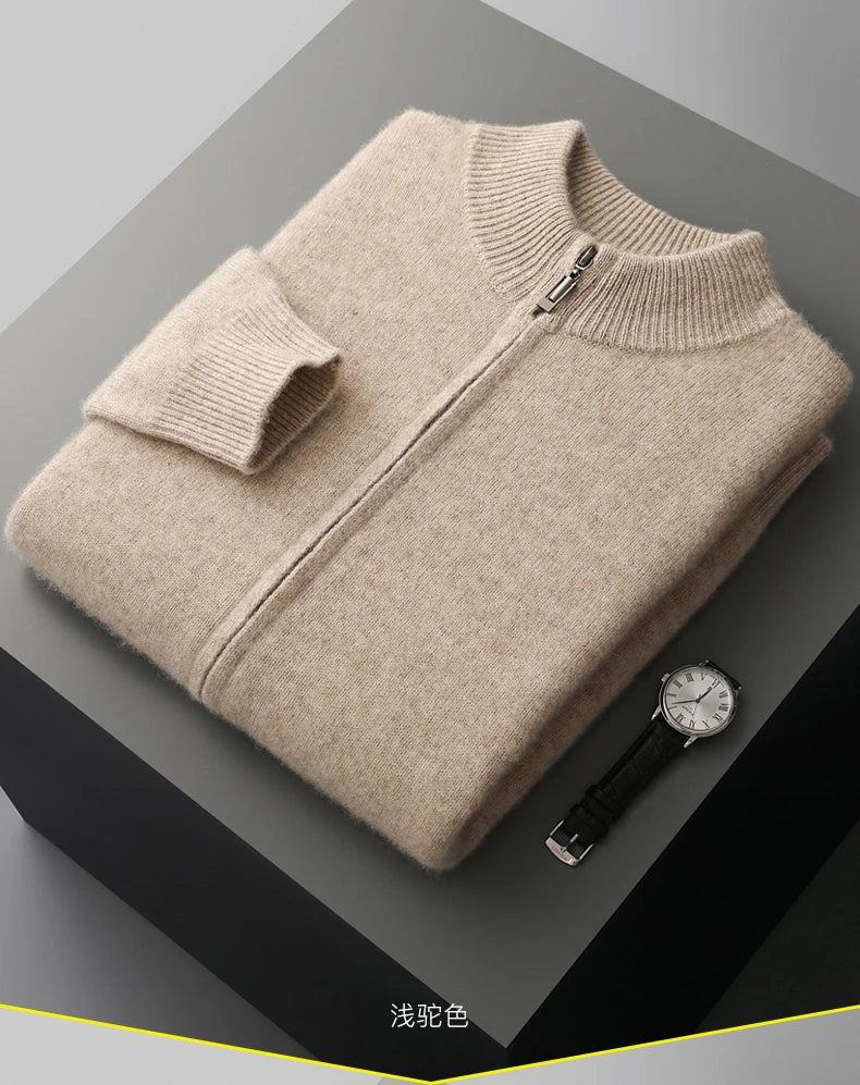 100% Merino Wool Men's Warm Sweater Mock Collar Thickened Zippered Cardigan Autumn Winter New Cashmere Knitted Long Sleeve Tops
