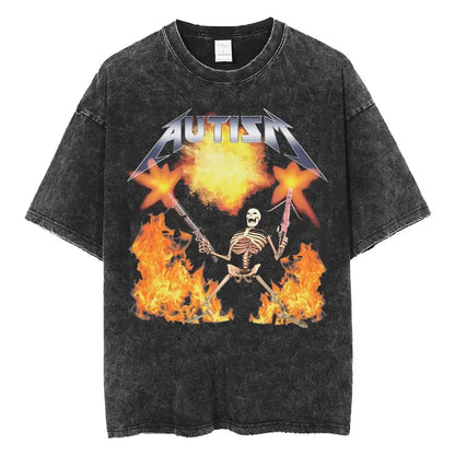 Autism Skeleton Meme T Shirt Human Funny Skull Men Women Harajuku Gothic Vintage Washed T Shirts Oversized Casual Cotton T-shirt.