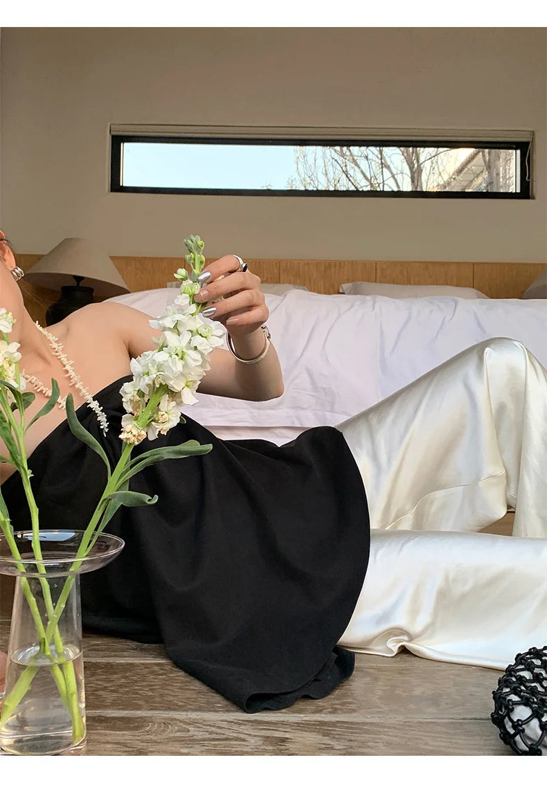 Satin Wide Leg Pants Long Floor Casual Pants Women's Summer.