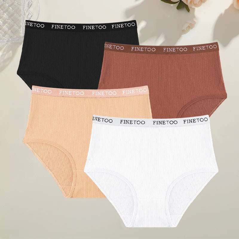 4Pcs/Set Women's Ribbed Striped Cotton Briefs Plus Size Panties Lady High Waist Breathable Underwear Solid Lingerie Shorts S-XXL