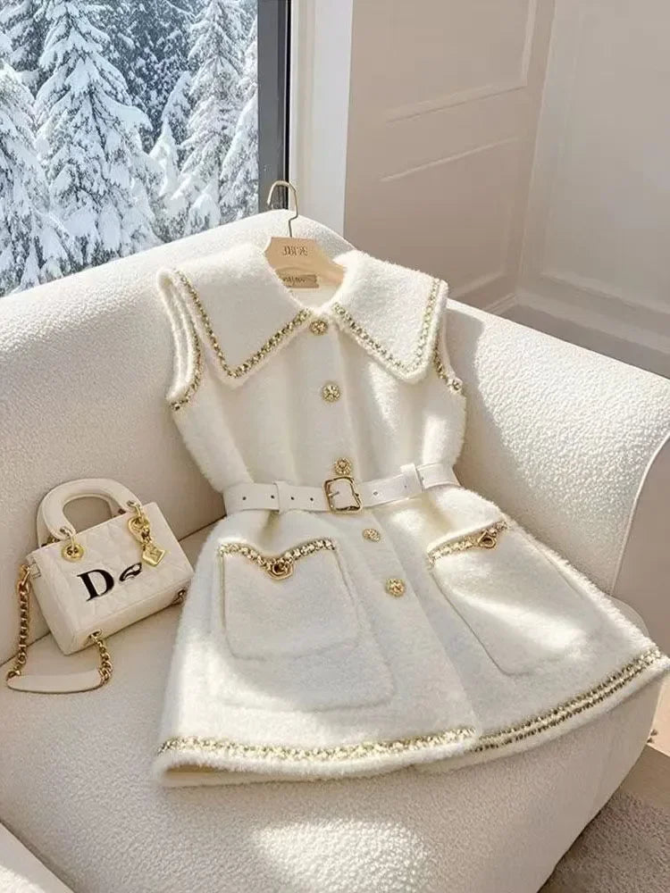 Frankreich Elegante Taille Gürtel Weiß Lamm Wolle Jacke Ärmellose Blazer Frauen Weste Formale Büro Dame Koreanische Mode Oberbekleidung.