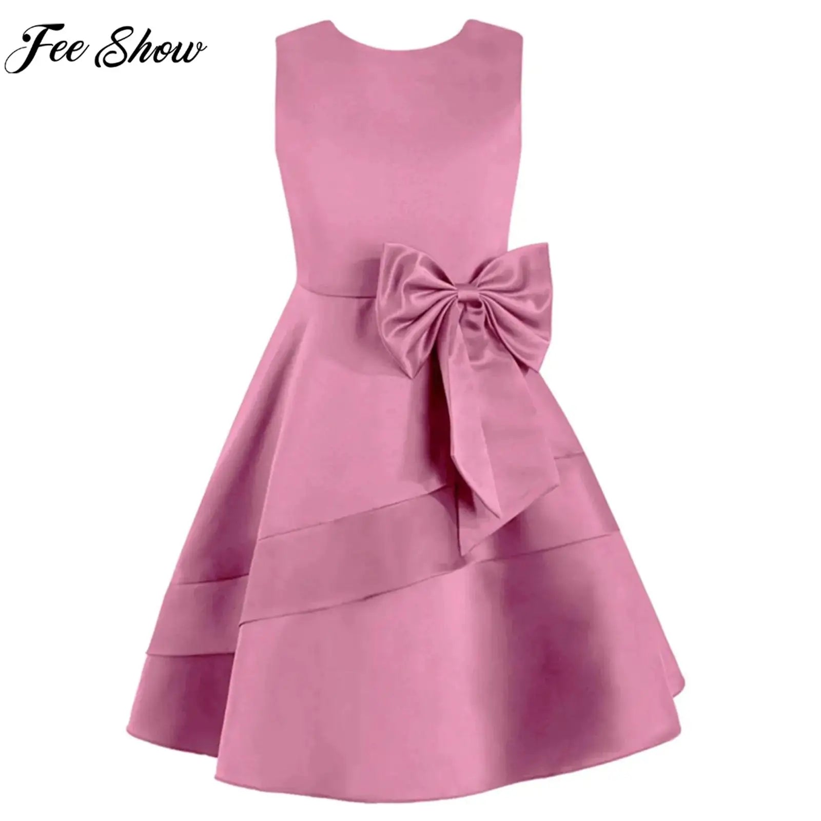 Mädchen Sommer ärmelloses Prinzessinnenkleid Elegantes Satin Hochzeit Brautjungfer Partykleid Große Schleife A-Linie Tutu für Geburtstagsabend.