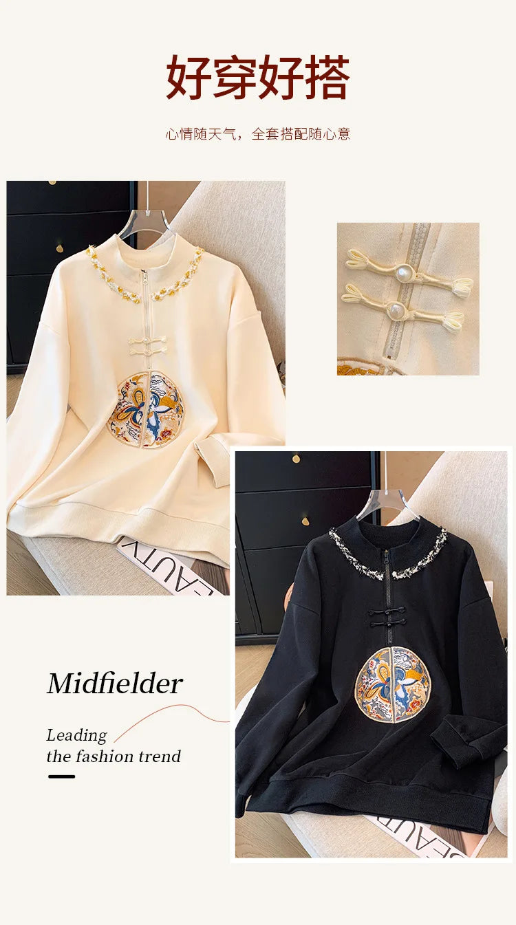 150kg Plus Size Damen büste Frühling Herbst lose neue chinesische Stil Sweatshirt lang ärmel ige geknöpfte Top 5xl 6xl 7xl 8xl 9xl.