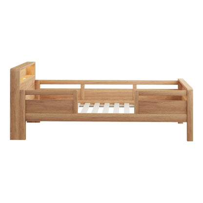 Multifunktions-Holzbett, USB- und Tape-C-Kombinationssteckdose, kleines LED-Licht, Kopfteil mit Einlagerfunktion, Einzelbett