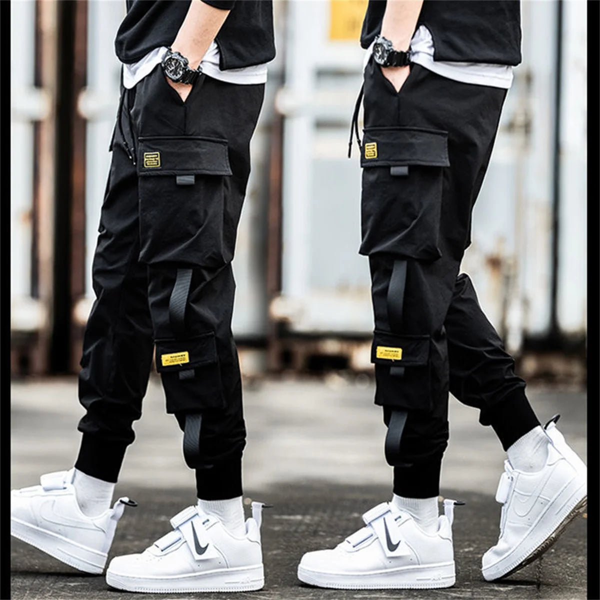 Men's Cargo Pants Casual Hip Hop Hit Color Multiple Pockets Trousers Streetwear Ribbons Techwear Sweatpants Boys.