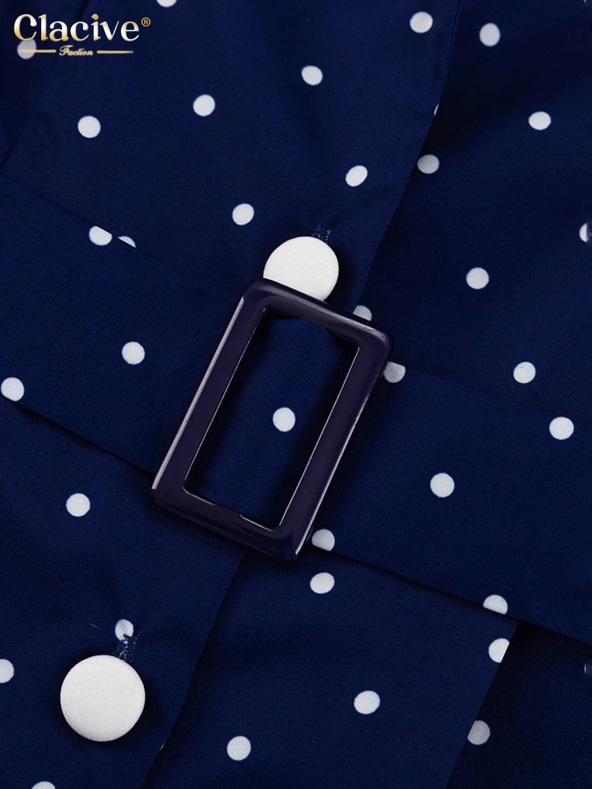 Clacive Mode Lose Druck Frauen Kleid 2025, Casual Revers Langarm Büro Dame Midi Kleider Elegante Klassische Gürtel Weibliche Kleid.