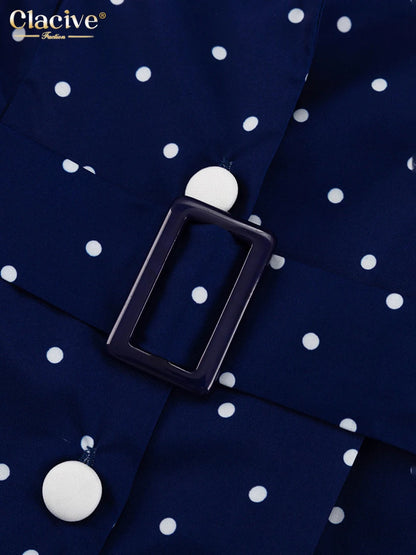 Clacive Mode Lose Druck Frauen Kleid 2025, Casual Revers Langarm Büro Dame Midi Kleider Elegante Klassische Gürtel Weibliche Kleid.