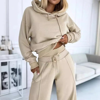 2024 Spring Autumn New Loose Sports Suit Women Long Sleeve Hooded Sweatshirt Drawstring High Waist Pocket Wide Leg Pants Suit.