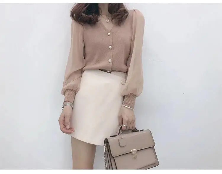 clothe Women's Spring Autumn Style Chiffon Blouses Shirt Women's Knitted Button Long Sleeve Solid Color Lace Patchwork Tops.