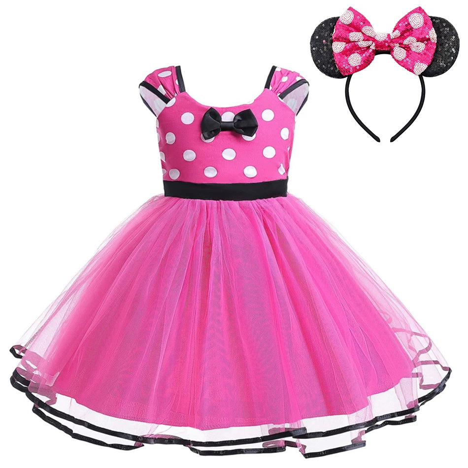 Disney Minnie Maus Polka Dot Kleid Mädchen Rosa Rot Sommer Kleidung Kinder Geburtstag Karneval Weihnachten Party Bogen Mesh Kleid Kostüme
