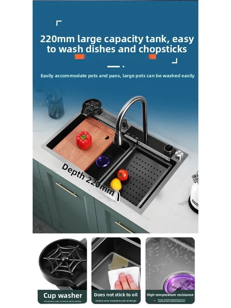 Küche Nano 304 Edelstahl Digitale Umgebungslichtspüle, Wasserfall Regenprägung Große Einzelspüle mit Messerhalter