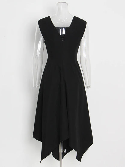 TWOTWINSTYLE Elegante Schwarz Kleid Für Frauen Quadrat Kragen Ärmellose Hohe Taille Solide Patchwork Bowknot Midi Kleider Weiblichen Stil.