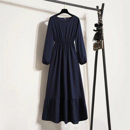 Frühling Herbst Mode weibliche Vestidos solide volle Ärmel O-Ausschnitt lässig Chiffon Kleid Frauen muslimischen langen Kleid Maxi kleider