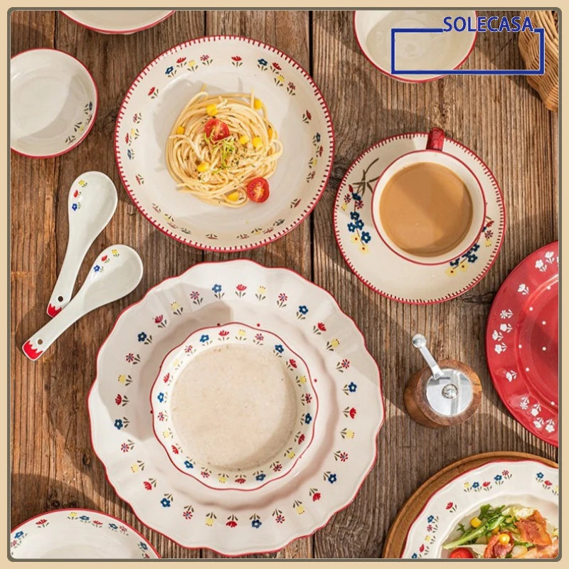 SOLECASA Pastoral Style Ceramic Tableware Soup Bowl Salad Bowl Dish Pasta Dessert Plates Dinnerware Dinnerware Table Decoration.