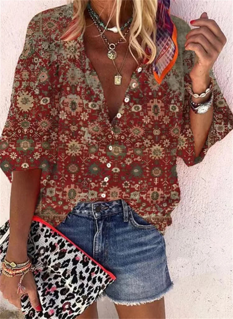 2024 New Women's Shirts & Blouses Fashion Vintage Printed Casual Vacation Bohemian Style Lady Single-breasted Shirt Streetwear.