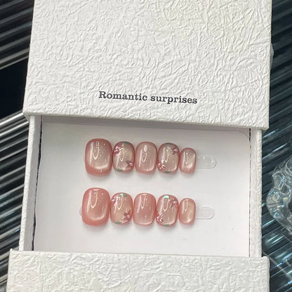 10pcs/set Handmade Press-On Nails - Blue Glossy Fish & Bubbles Design Short Oval Fake Nails with Cat Eye Effect False Nails.