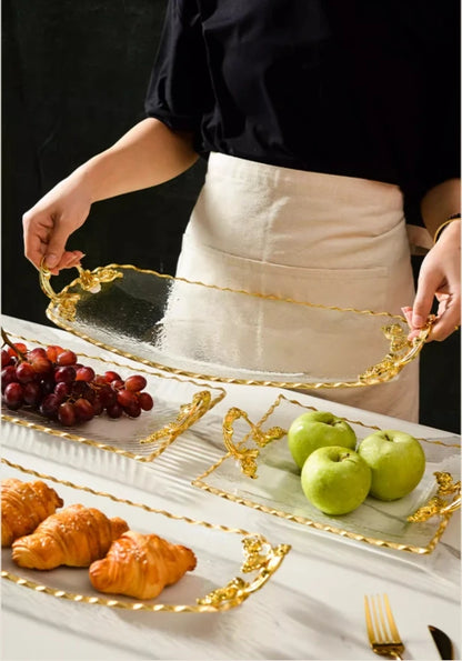Gold-rimmed Glass Plates, Luxury Fruit Plates, Snacks, Cakes, Snacks, Bread Tray, Binaural Glass Plates, Rectangular Trays.