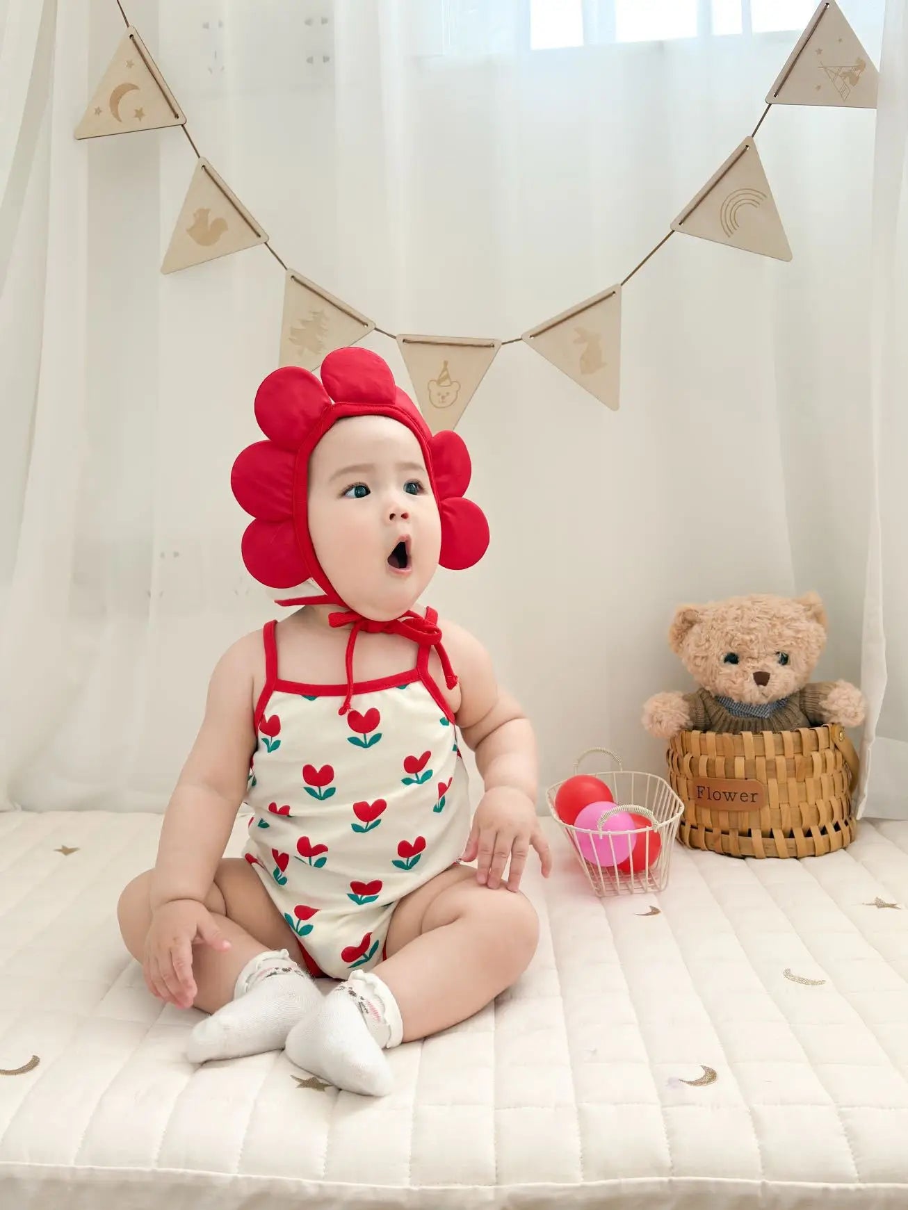 Baby Ein Stück Kleidung 2025, Sommer Koreanische Baby Body Ins Blume Voll Gedruckt Baby Sling Klettern Kleidung Mit Hut.