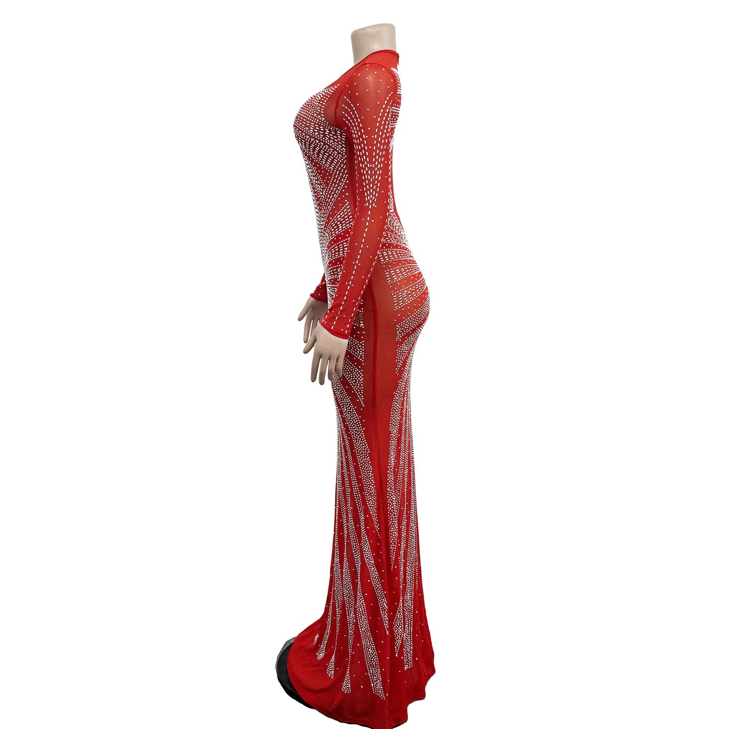 XIZOU Frauen Mesh Patchwork Diamanten Heißer Strass Bodenlangen Bodycon Meerjungfrau Maxi Kleid Sexy Party Abend Vestidos 2024.