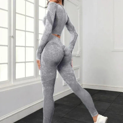 2 Piece Acid Wash Gym Set Women Seamless Long Sleeve Leggings Tracksuit Sports Fitness Suit Scrunch Workout Clothes Yoga Outfits.