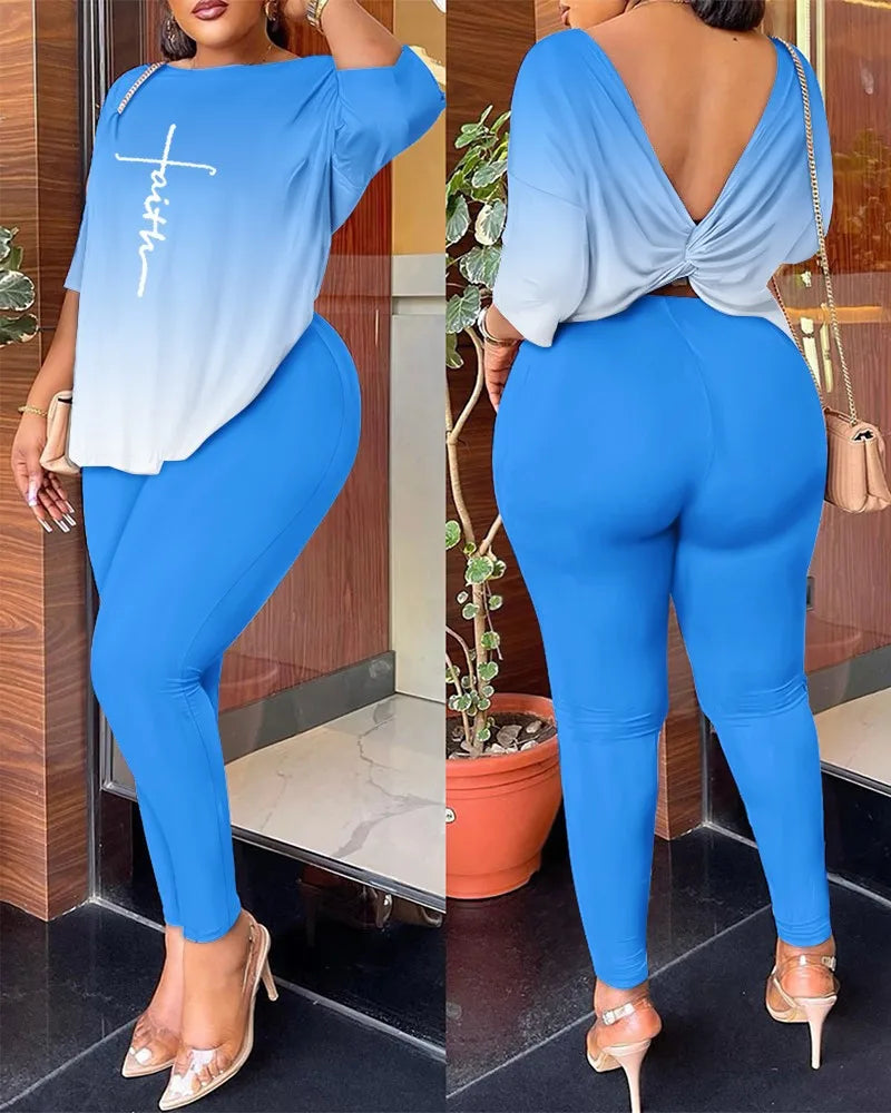 Autumn Women's Clothing New Fashion Print Sexy Backless Round Neck Five Quarter Sleeve Pants Two-piece Casual Comfortable Set.