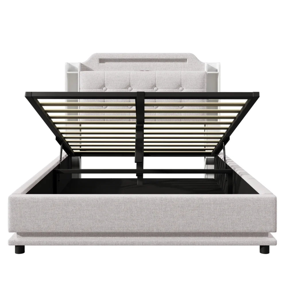 140*200cm Polsterbett mit LED-Lichtleiste und mehreren Ablagefächern, für Schlafzimmerwäsche, Beige (ohne Matratze)