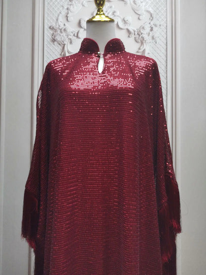 Ramadan Eid Tassel Sequin Batwing Abaya Dubai Women Islam Muslim Maxi Kaftan Dresses Kebaya Caftan Marocain Robe Femme Musulmane