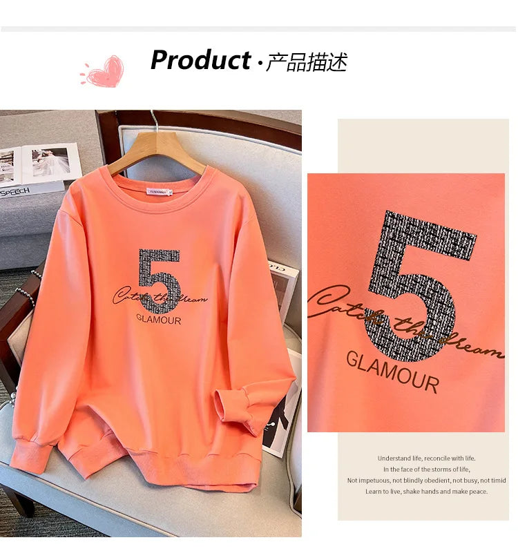 175kg plus size Damen büste Frühling Herbst loser Rundhals ausschnitt bedrucktes Langarm-Sweatshirt schwarz orange 5xl 6xl 7xl 8xl 9xl.