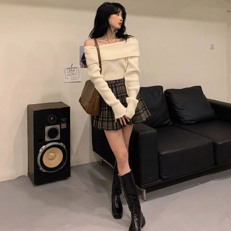 Lucyever Slash Neck Strick pullover Frauen sexy schulter freie Langarm pullover weibliche koreanische elegante verdicken schlanke Pullover Top.