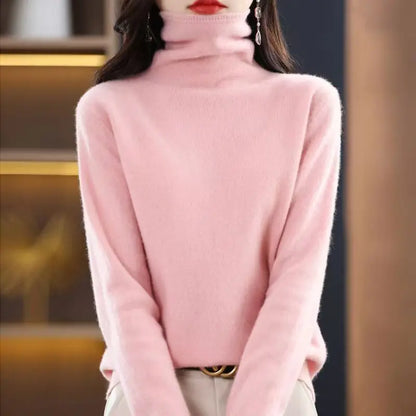2025 100% Merino Wool Sweater Elegant Cashmere Pullover Women Pile Collar Long Sleeve Knitwear Basic Clothing  Jumper Tops.