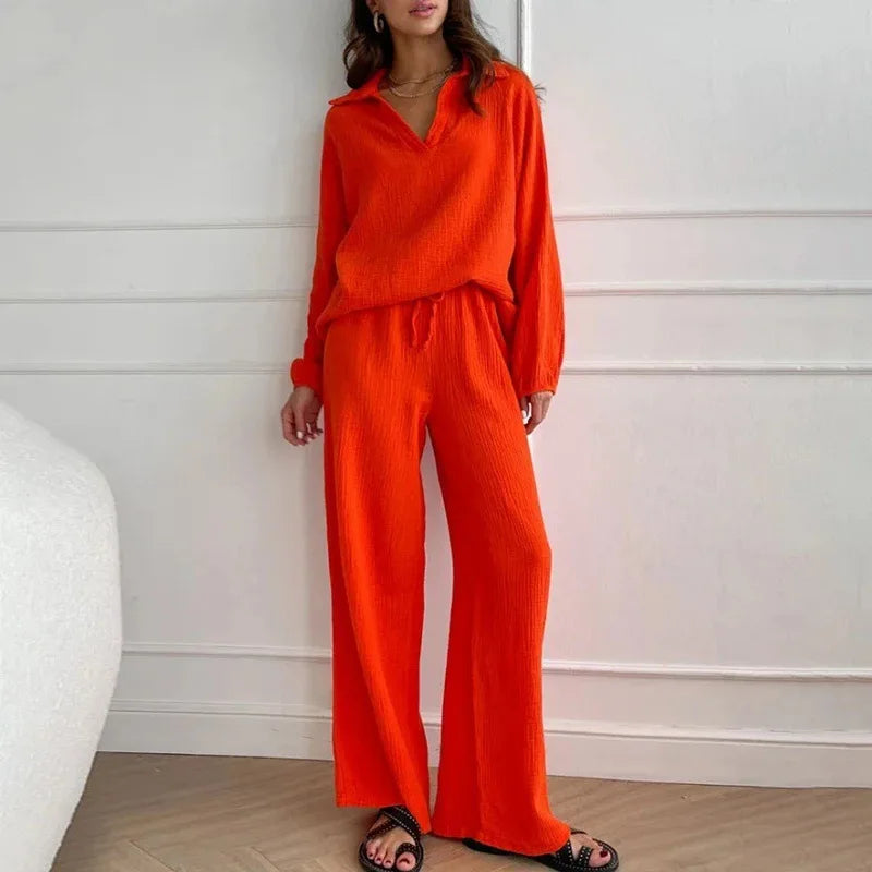 Women's Suit Solid Color Casual Loose 2025 Elegant Spring And Summer Fashion New Long-sleeved Lapel Top + Drawstring Pants Suit.