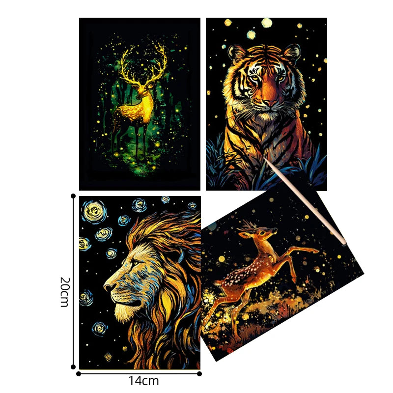 4PCS Scratch Art Paper World Landmarks Animals Painting Toy with Stylus Stress Relief Drawing Kids Adult Gift Glow in Dark Craft
