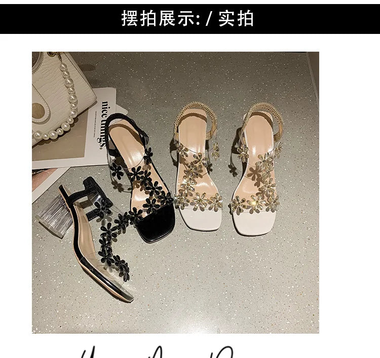 Women;s Sandals Pvc Crystal Flower Shoes for Women Decoration Chunky Heel Sandals Ladies Back Strap Fashion Shoes Female2024
