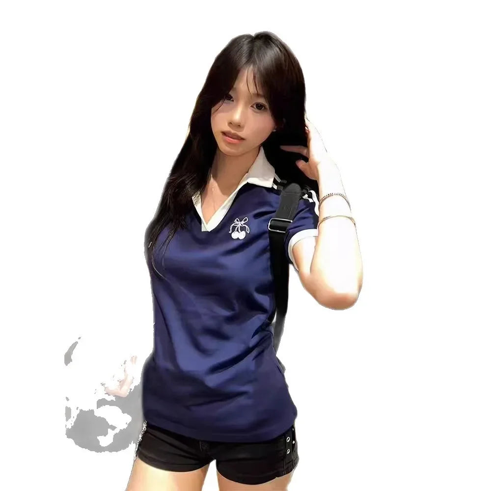Fashionable Contrast Color Embroidery Polo Neck Short Sleeve Women's T-shirt Slimming Top College Style Spicy Girl Tee.