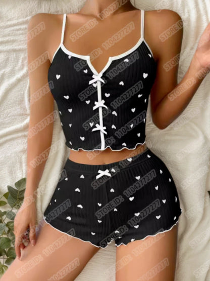 Frauen Sexy Nachtwäsche Pyjamas Set Herz Druck Seide Fleck V-ausschnitt Ärmellose Sexy Dessous Casual Cami und Shorts Sets Loungewear.