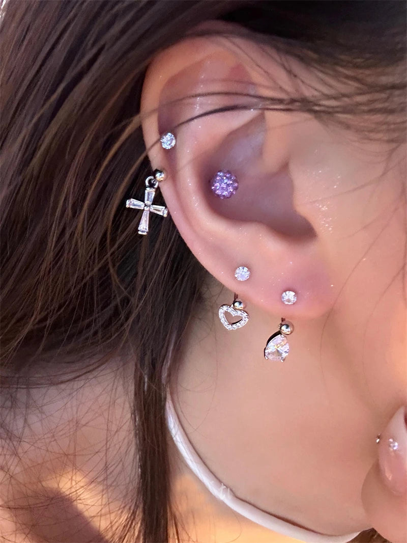 1PCS Pink Zircon Cross 316L Stainless Steel Annular Ear Bone Nail New Fashion U-shaped Earrings for Women Y2K Punk Jewelry.