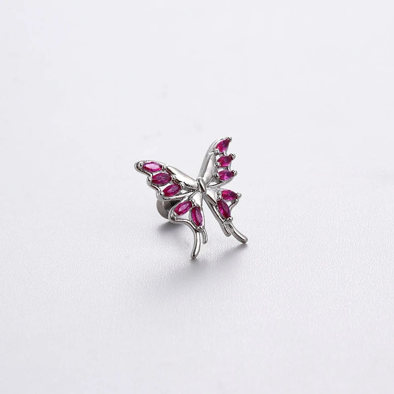 New Trendy Shiny Rose Red Color Zircon 316L Stainless Steel Ear Bone Nail Y2K Gothic Love Heart Small Earrings for Women Jewelry