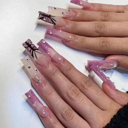 Rhinestone Glitter Powder White French Long Ballet Fake Nails Fashion Detachable Finished False Nails Press on Nails with Glue.