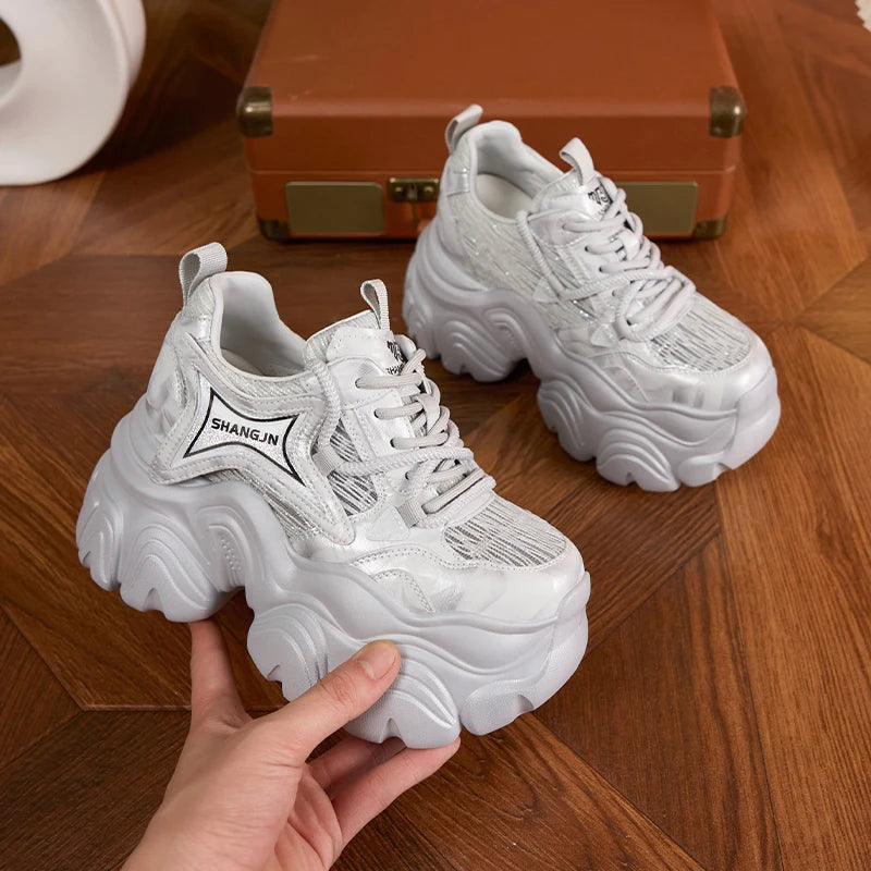 AUTUSPIN 10cm Pink Thick Soled Shoes for Summer Women Breathable Lace-up Ladies Sneakers Outdoor Casual Fashion Platform Shoes