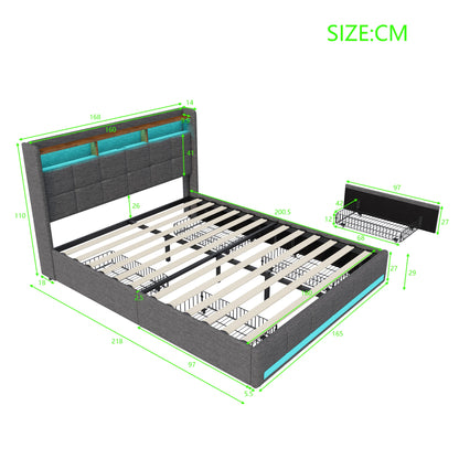 Anajqaqia 160 x 200 cm gepolstertes Doppelbett mit LED-Licht, mit Schublade, mit Aufladung