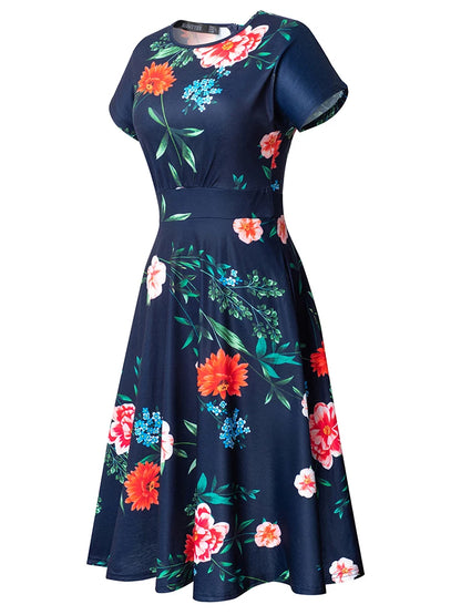 Nice-forever Vintage Elegante Blumen Druck Plissee Rundhals vestidos A-Line Pinup Business Party Frauen Flare Swing Kleid A102.